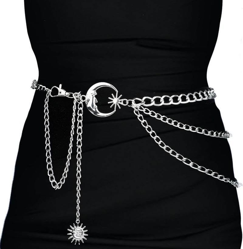 Pinsit Moon and Sun 3 Layered Metal Waist Chain Belt, Chain belt, Chain Belts for Women Dress Jeans(Silver) - Image 1